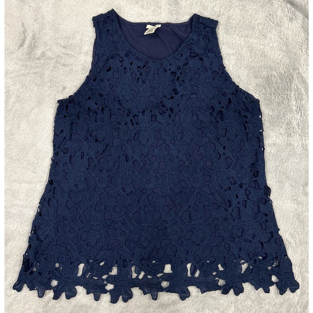 Ultra Pink Crocheted Tank Top Women's Sz L Floral Lace Lined Sleeveless Navy Blu